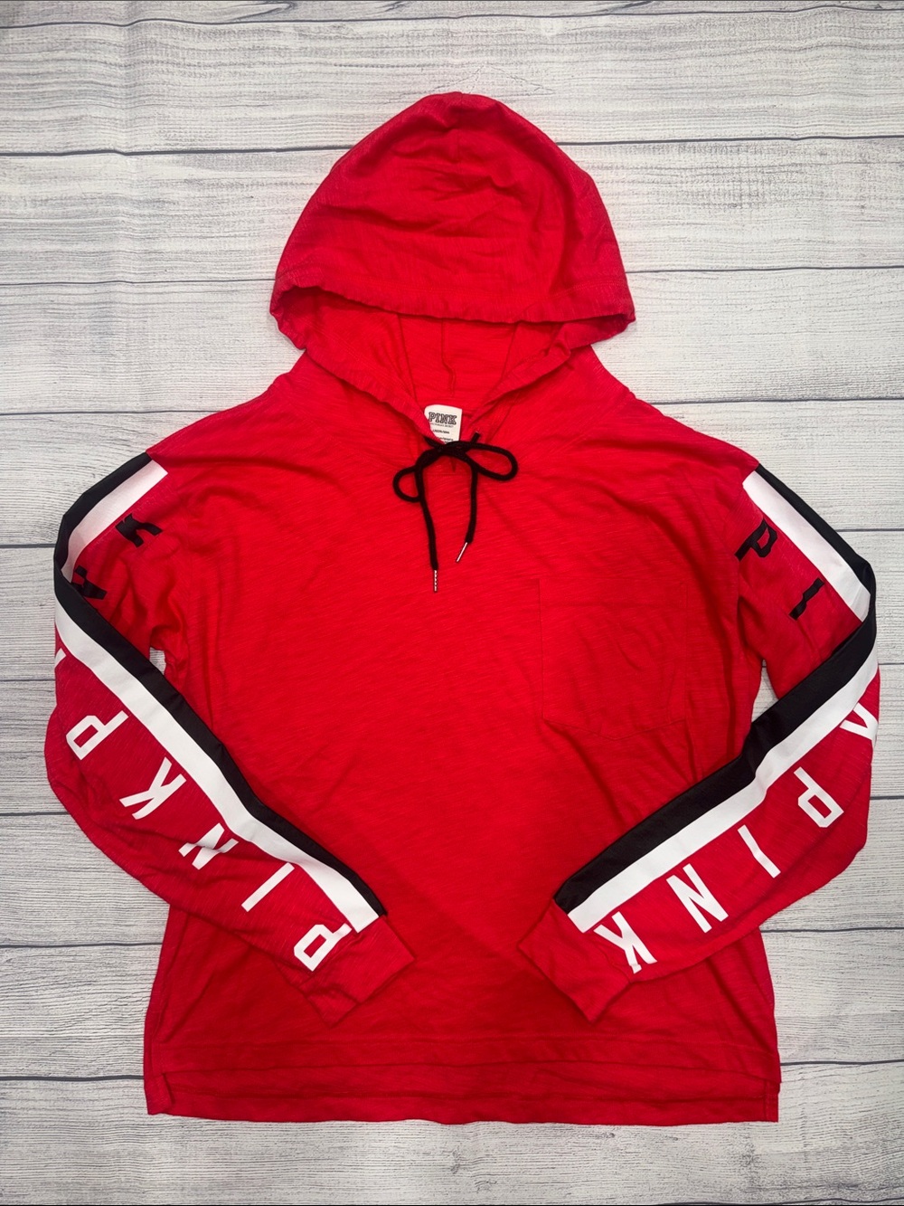 PINK Victoria's Secret Red Hooded Pullover with Sleeve Stripes